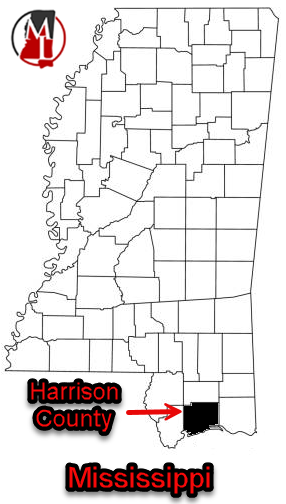 Map of Mississippi counties, showing Harrison County MS and its far south Mississippi location. 