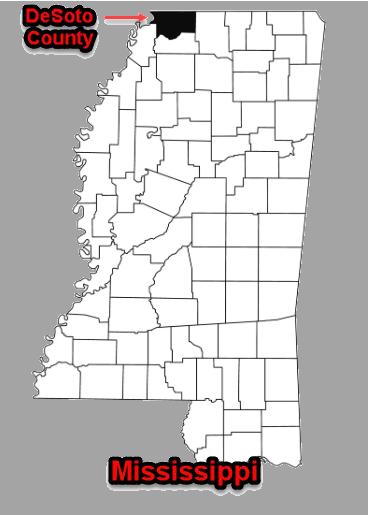 This outline map of MS shows the different counties. This article focuses on DeSoto County, in the far north Mississippi area. This vibrant location has a booming economy since it is a crossroads to the adjacent states of Arkansas, Tennessee and Louisiana.
