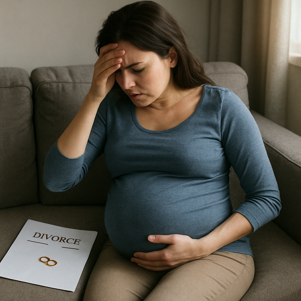 Stressed pregnant woman contemplating divorce